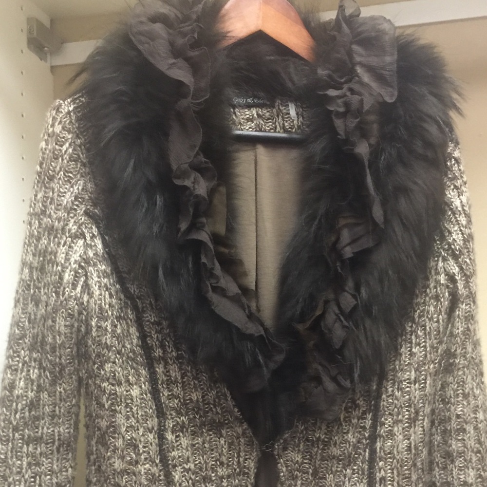 Gorgeous cardigan sweater with genuine fur trim